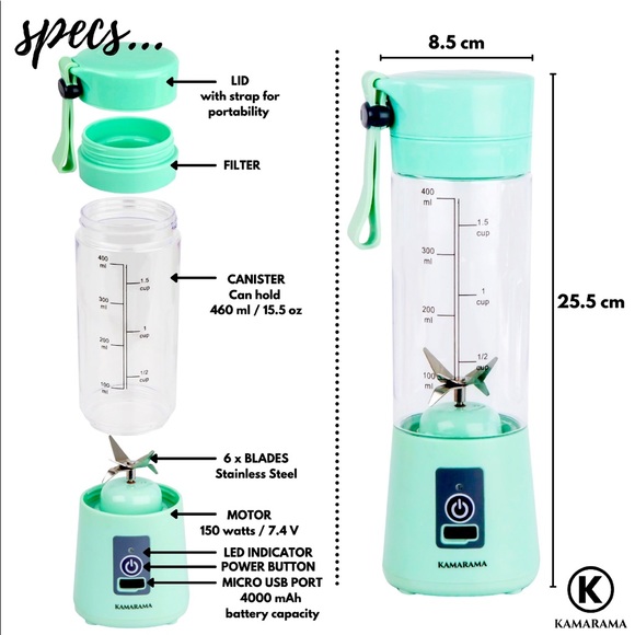 NEW KAMARAMA Portable Rechargeable Juice Shake Smoothie Blender Black - Picture 13 of 15